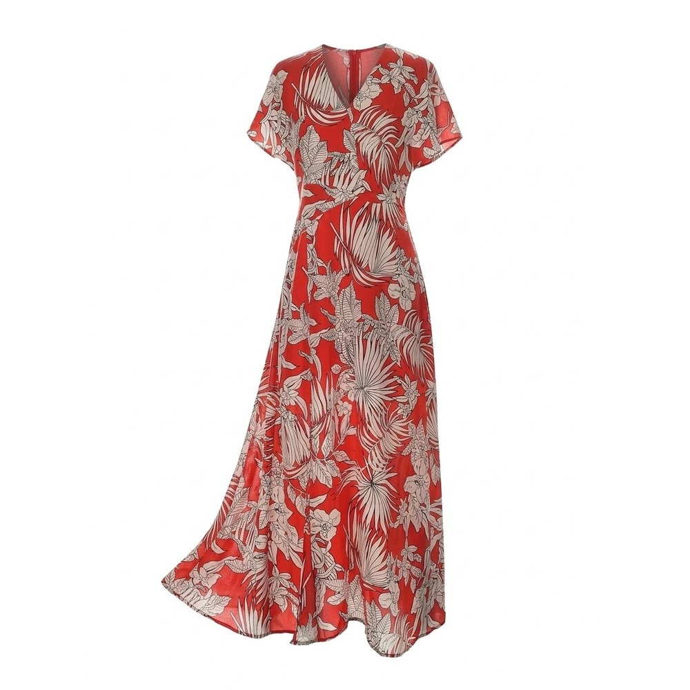 Tory Burch Red Tropical Floral 100% Silk Maxi Dress V-Neck Flutter Sleeve Size 6